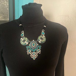 Green and White Rhinestone Statement Necklace with Velvet Tie Back